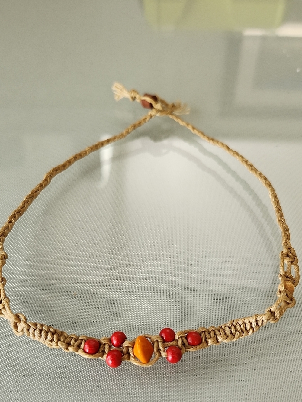 Handmade Tan Vintage Macramé Necklace with Red and Orange Beads Boho - Picture 3 of 5